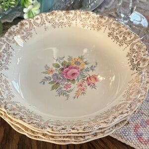 Floral Gold-Trimmed Ceramic Serving Bowl x 4 - Pink Floral Pattern